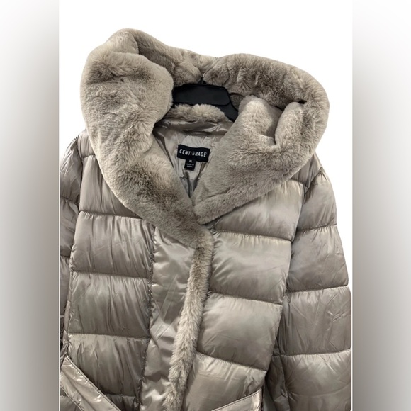 New Centigrade Champagne Gold XL Long Puffer Coat Faux Fur Hood Trim Belted - Picture 5 of 12